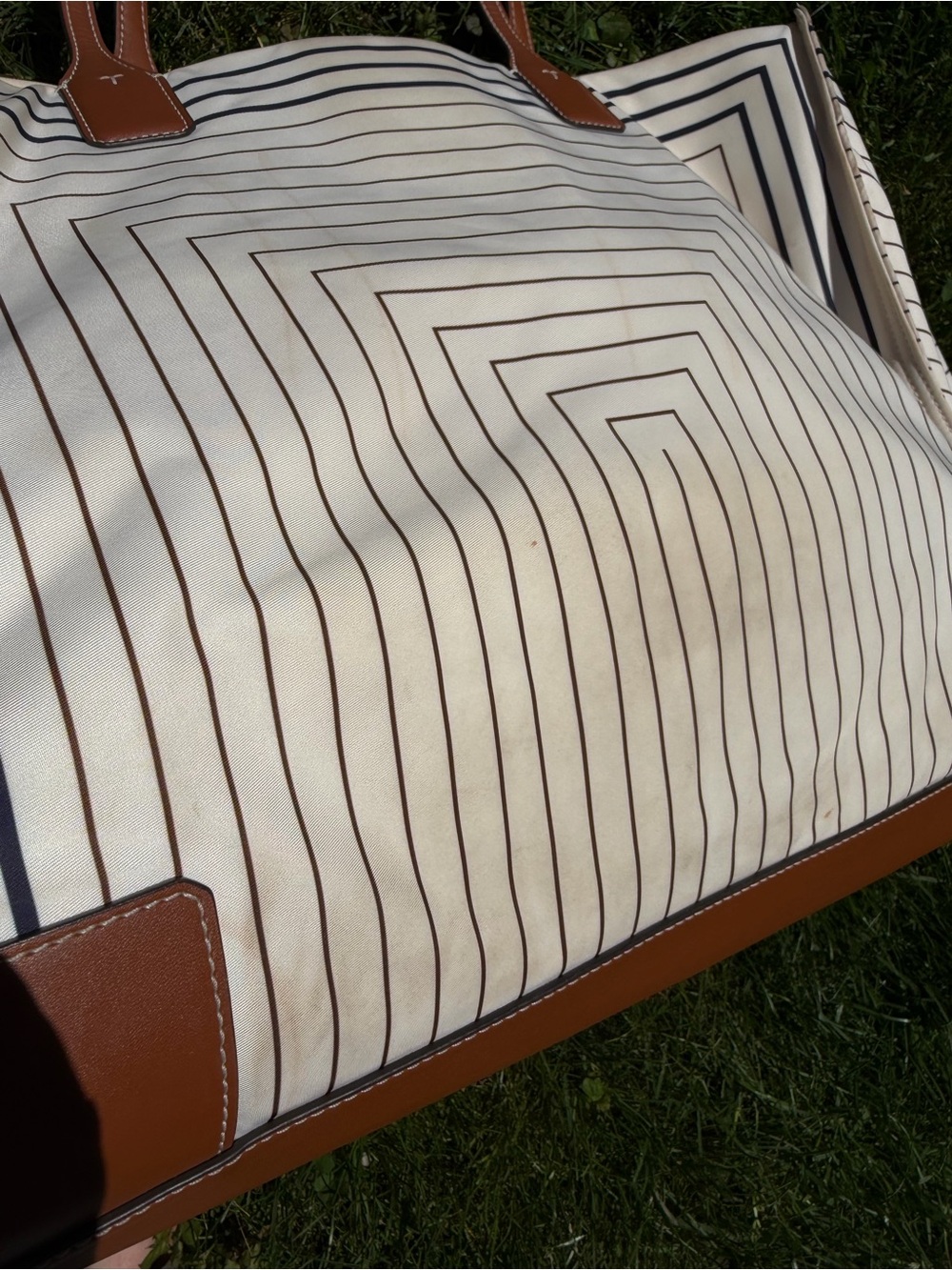 Tory Burch Cream Stripe Ella Print Tote with Tan Leather Trim - Large - Picture 4 of 12